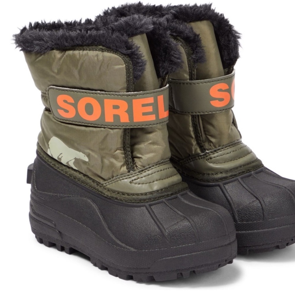 Sorel Kids Boots in Olive and Black with Orange Accents